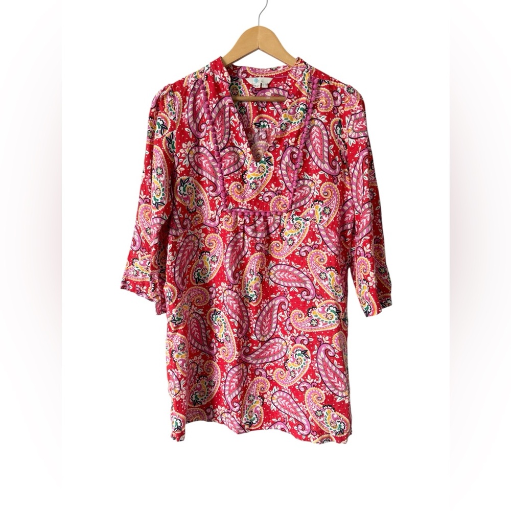 Boden Paisley Tunic Dress Red Pink 3/4 Sleeve US 6 UK 10